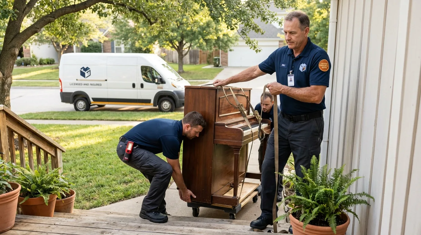 Licensed piano movers securing grand piano in Lakeland, FL