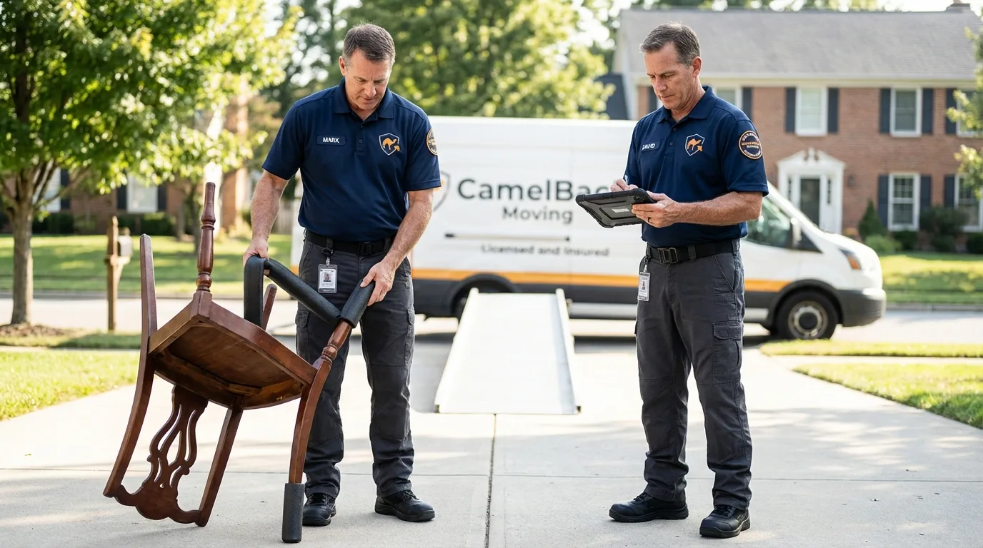 Movers inspecting furniture for damage prevention before loading in Lakeland, FL