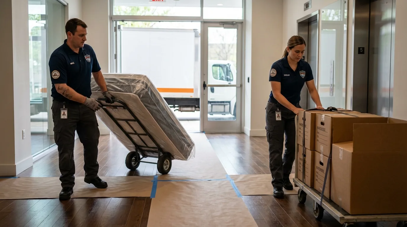 Professional apartment movers loading elevator in Lakeland, FL