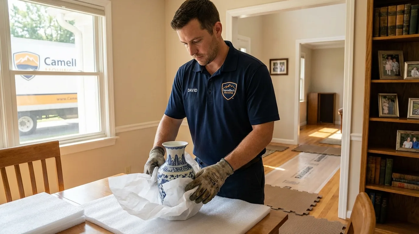Professional crew carefully wrapping antique vase for senior downsizing move in Lakeland, FL
